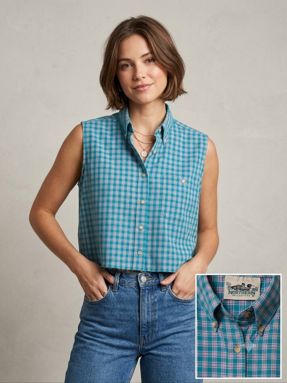 Vintage Northern Reflections Cropped Plaid Sleeveless Shirt XL Streetwear Grunge